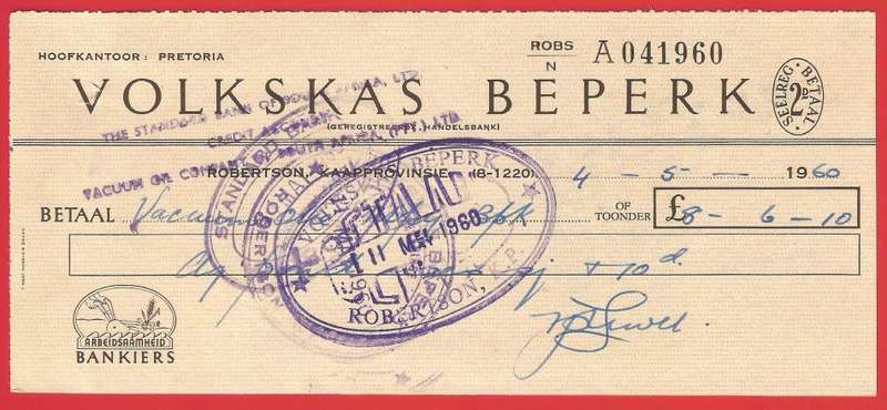 Union of SA-Volkskas Beperk-Cheque-1960-Postmark-Cancel
