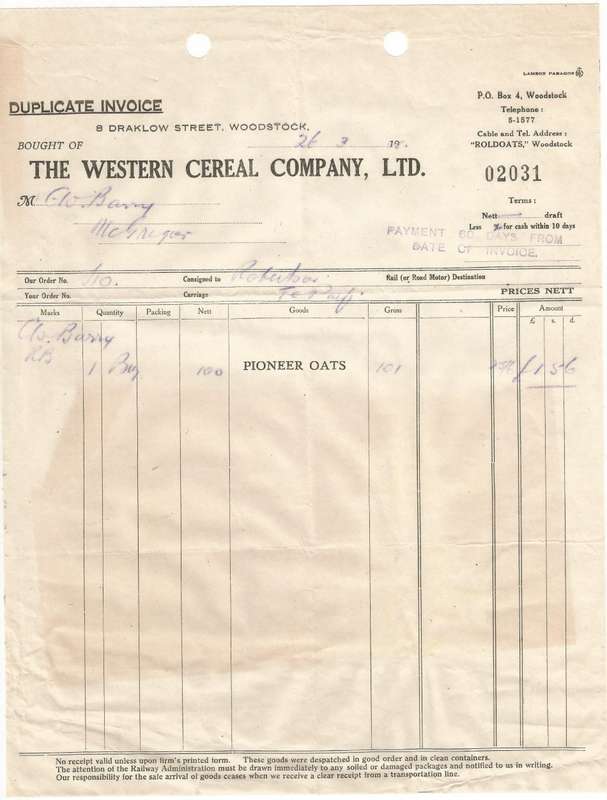 Union of SA-The Western Cereal Company LTD-Duplicate Invoice-No 02031-Cancel-Postmark