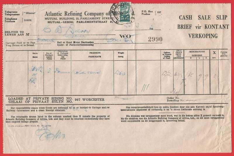 Union of SA-Atlantic Refining Company Of Africa Ltd(BP)-Cash Sale Slip-No 2990-Cancel-Postmark