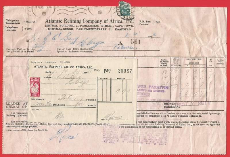 Union of SA-Atlantic Refining Company Of Africa Ltd(BP)-Invoice+Receipt-Cancel-Postmark