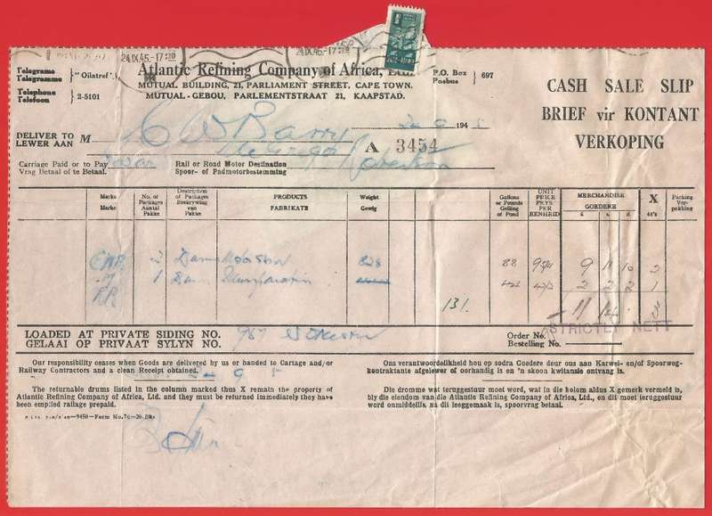Union of SA-Atlantic Refining Company Of Africa Ltd(BP)-Cash Sale Slip+Drum Receipt-1945-Postmark