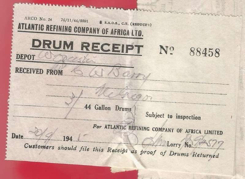 Union of SA-Atlantic Refining Company Of Africa Ltd(BP)-Cash Sale Slip+Drum Receipt-1945-Postmark