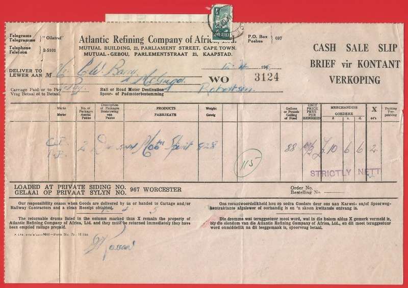 Union of SA-Atlantic Refining Company Of Africa Ltd(BP)-Cash Sale Slip+Drum Receipt-1945-Postmark