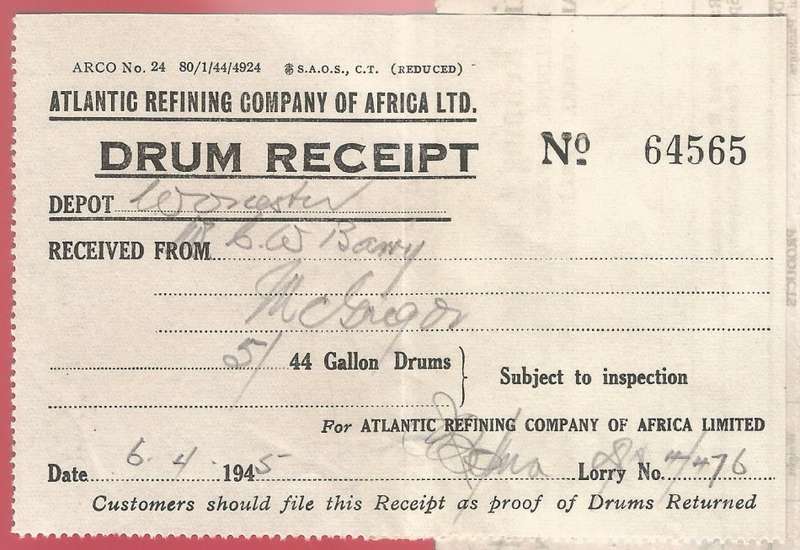 Union of SA-Atlantic Refining Company Of Africa Ltd(BP)-Cash Sale Slip+Drum Receipt-1945-Postmark