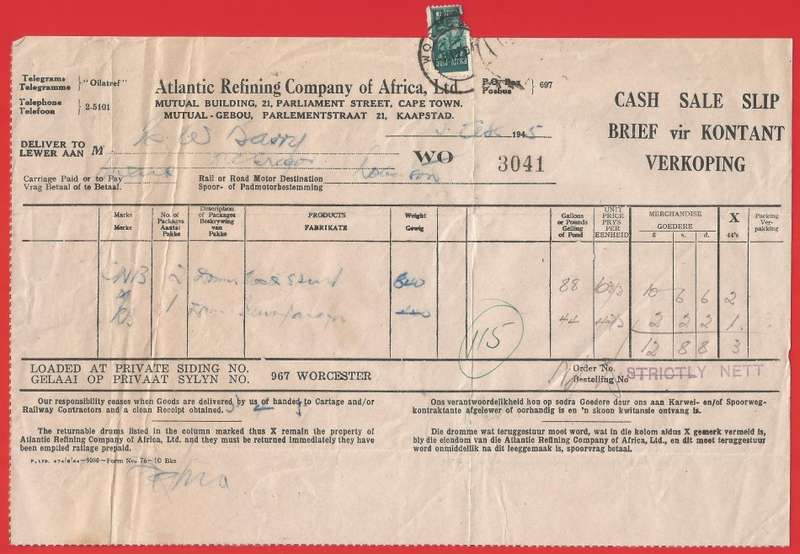 Union of SA-Atlantic Refining Company Of Africa Ltd(BP)-Cash Sale Slip-1945-Postmark Paper Saving