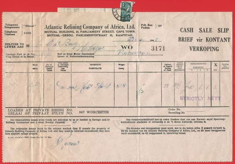 Union of SA-Atlantic Refining Company Of Africa Ltd(BP)-Cash Sale Slip+Drum Receipt-1945-Postmark