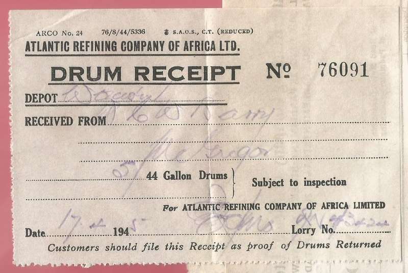 Union of SA-Atlantic Refining Company Of Africa Ltd(BP)-Cash Sale Slip+Drum Receipt-1945-Postmark