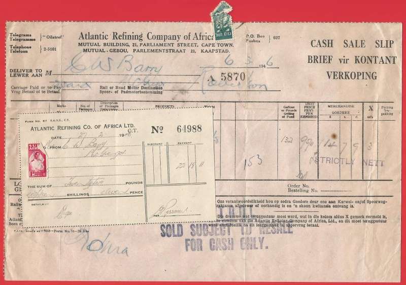 Union of SA-Atlantic Refining Company Of Africa Ltd(BP)-Cash Sale SlipandReceipt-1946-Postmark