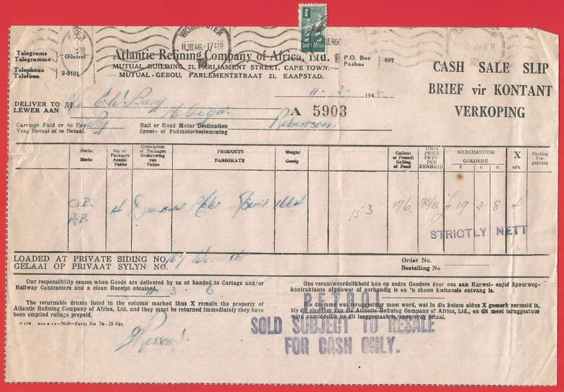 Union of SA-Atlantic Refining Company Of Africa Ltd(BP)-Cash Sale Slip-1946-Postmark