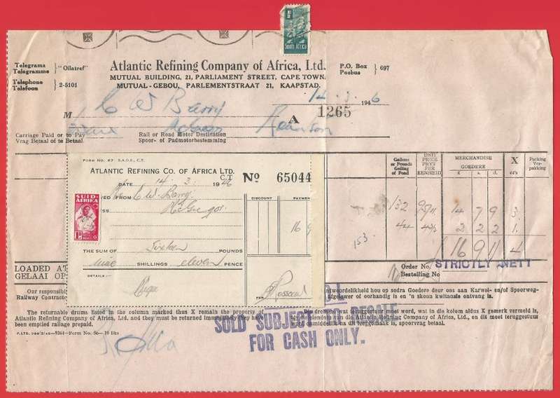 Union of SA-Atlantic Refining Company Of Africa Ltd(BP)-InvoiceandReceipt-1946-Postmark