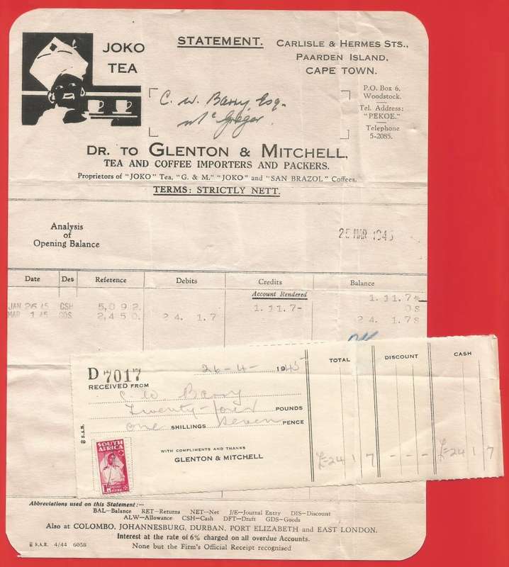 Union of SA-Joko Tea- Statement+Receipt+Postage Stamp Used for Revenue-1945-Postmark