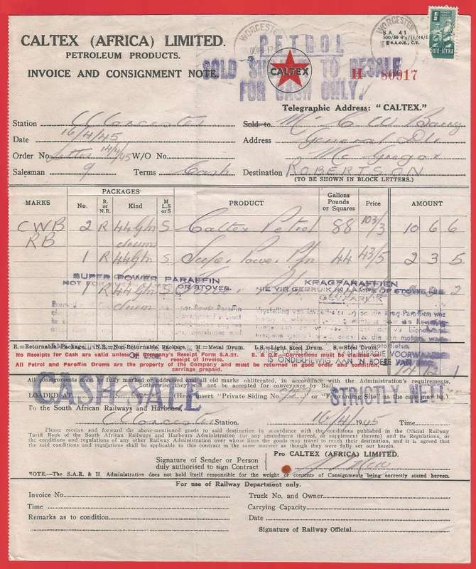 Union of SA-CALTEX AFRICA LIMITED-InvoiceandConsignment Note-1945-Postmark