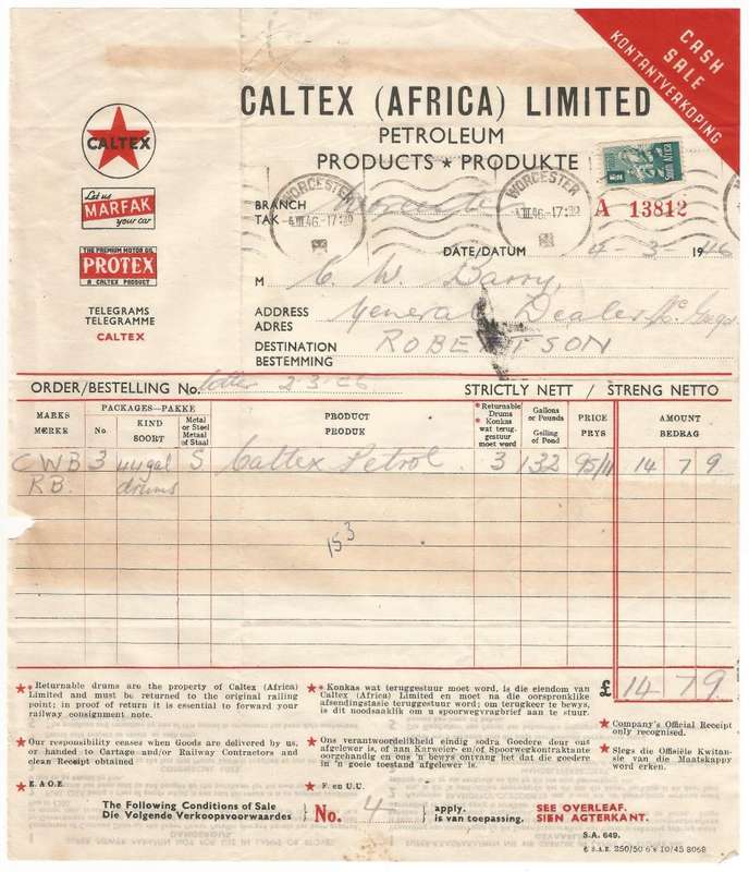 Union of SA-CALTEX AFRICA LIMITED-Cash Sale Slip-1946-Postmark