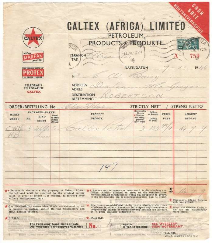 Union of SA-CALTEX AFRICA LIMITED-Cash Sale Slip-1946-Postmark