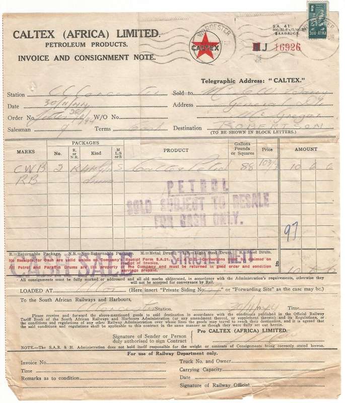 Union of SA-CALTEX AFRICA LIMITED-InvoiceandConsignment Note-1944-Postmark