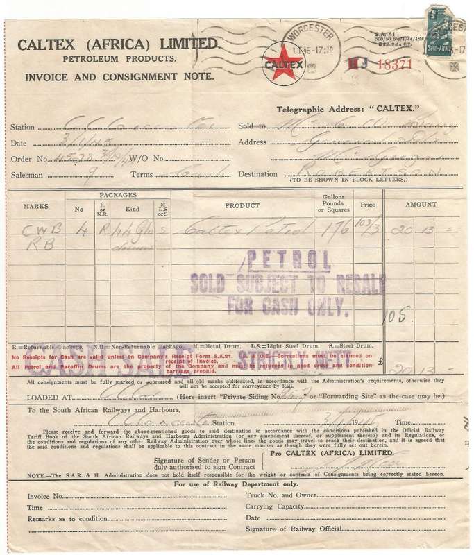 Union of SA-CALTEX AFRICA LIMITED-InvoiceandConsignment Note-1945-Postmark