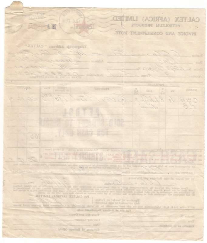 Union of SA-CALTEX AFRICA LIMITED-InvoiceandConsignment Note-1945-Postmark