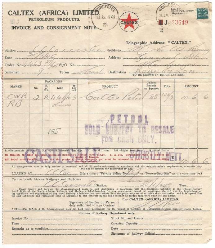 Union of SA-CALTEX AFRICA LIMITED-InvoiceandConsignment Note-1945-Postmark