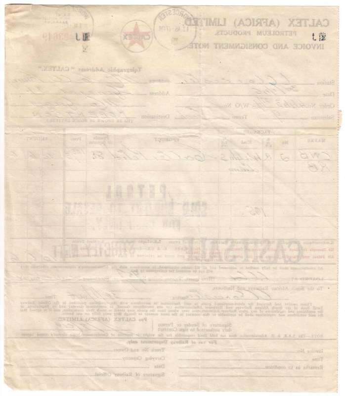 Union of SA-CALTEX AFRICA LIMITED-InvoiceandConsignment Note-1945-Postmark