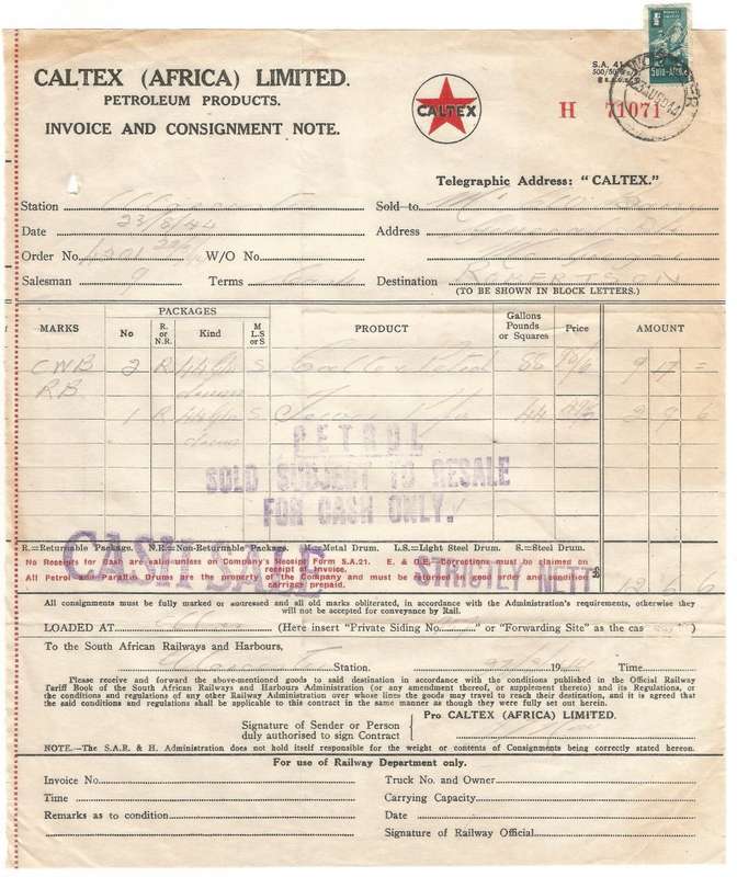Union of SA-CALTEX AFRICA LIMITED-InvoiceandConsignment Note-1944-Postmark