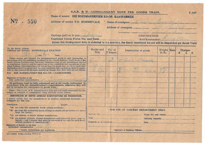 Union of SA-South African Railways and Harbours Consignment Note Per Goods Train-No 550