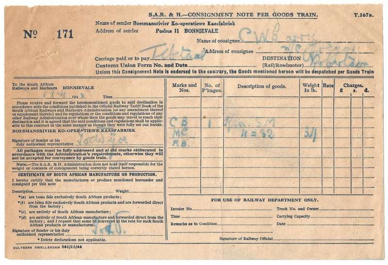Union of SA-South African Railways and Harbours Consignment Note Per Goods Train-1945