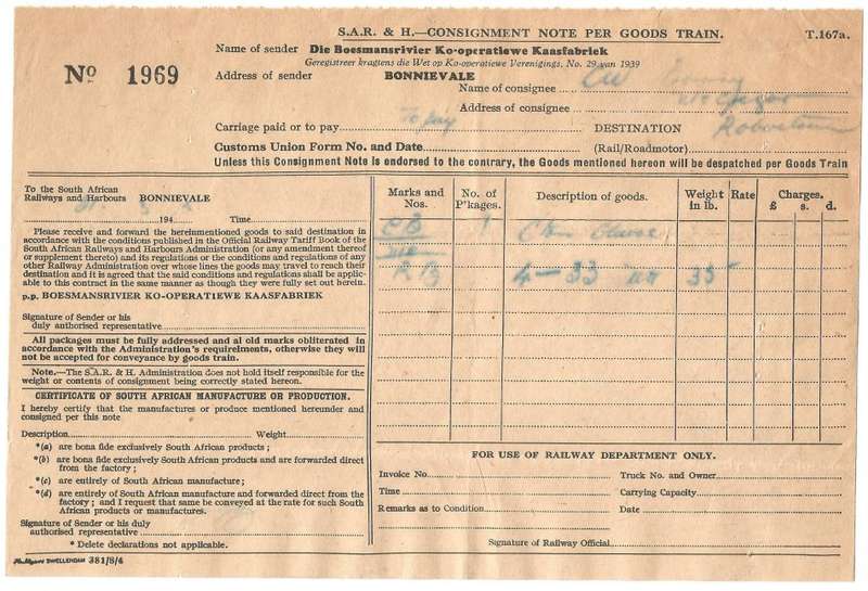 Union of SA-South African Railways and Harbours Consignment Note Per Goods Train-No 1969