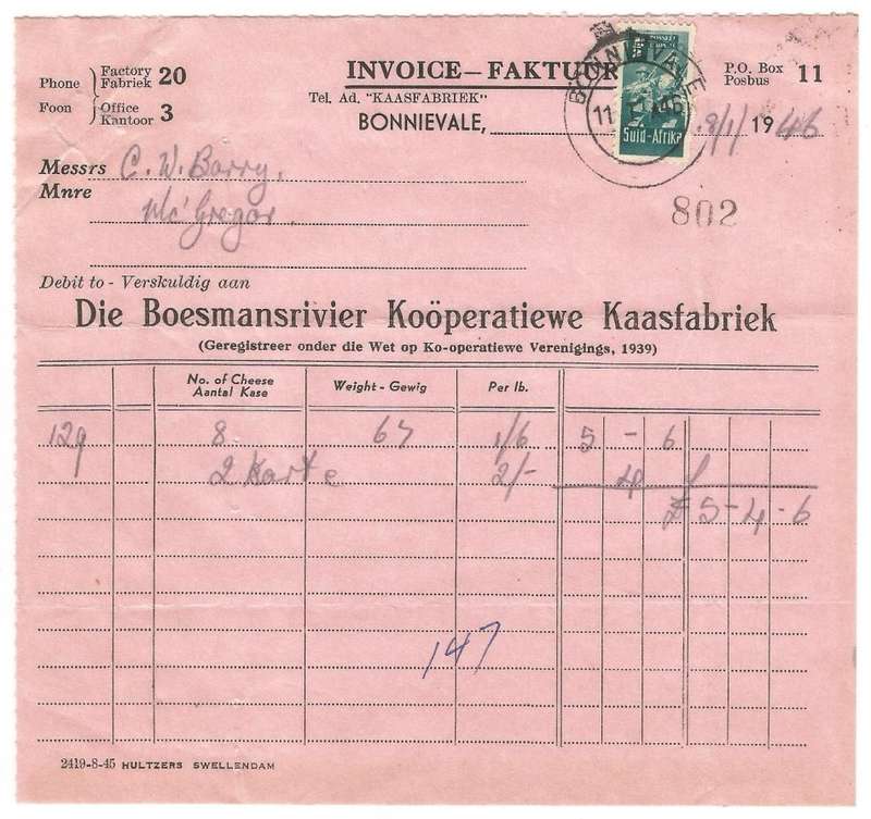 Union of SA-BONNIEVALE- Invoice-1946-Cancel-Postmark