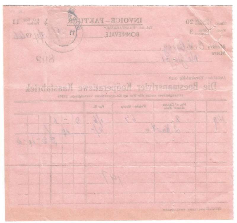 Union of SA-BONNIEVALE- Invoice-1946-Cancel-Postmark