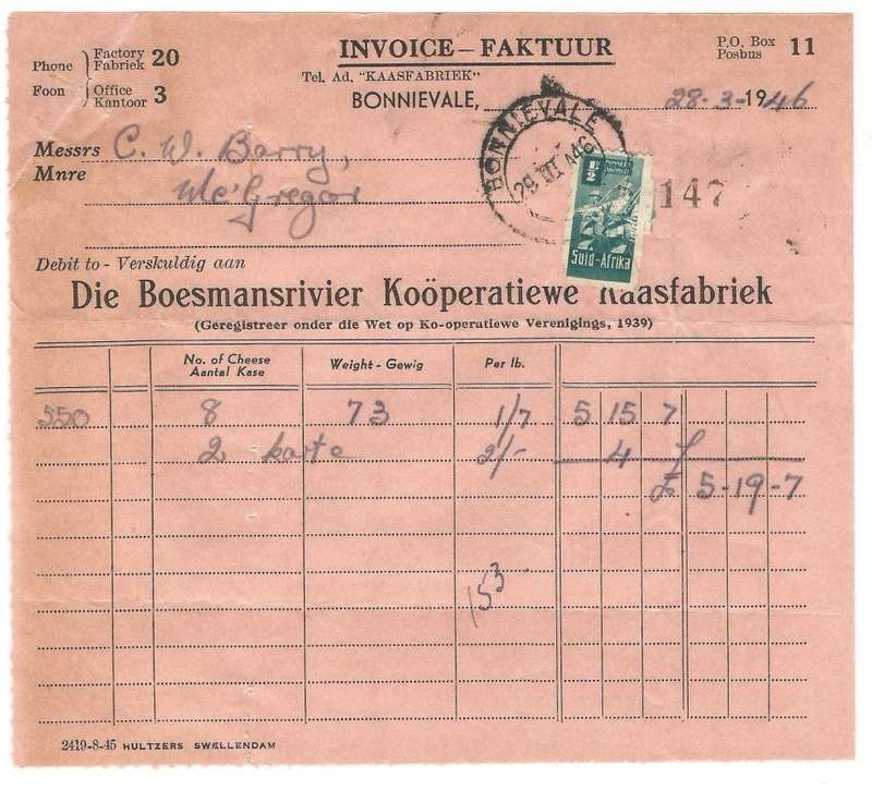 Union of SA-BONNIEVALE- Invoice-1946-Cancel-Postmark