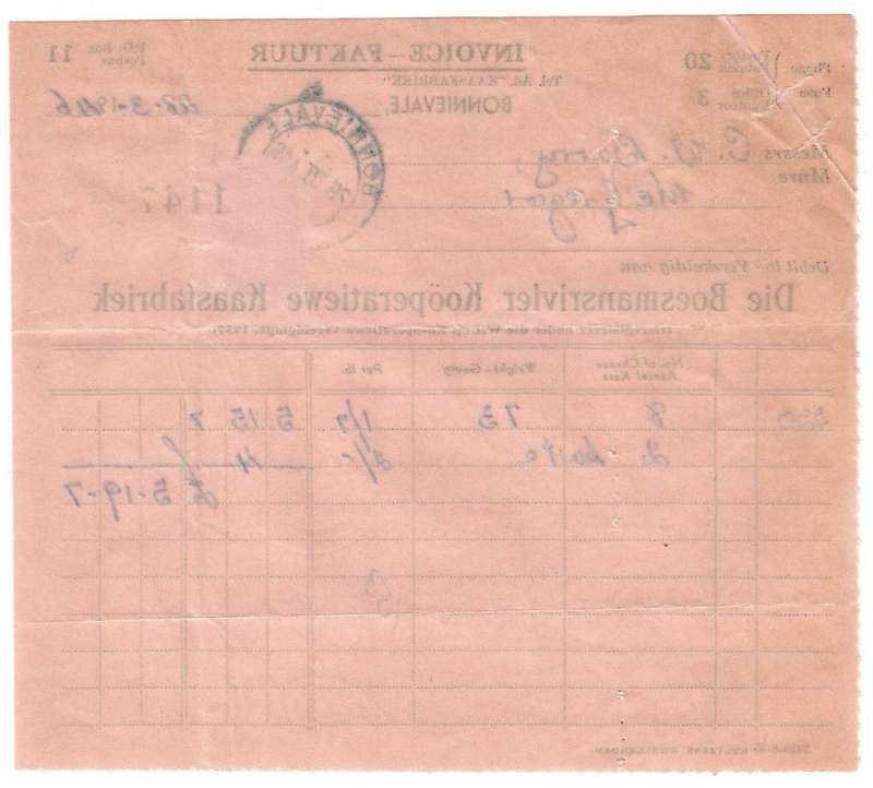 Union of SA-BONNIEVALE- Invoice-1946-Cancel-Postmark
