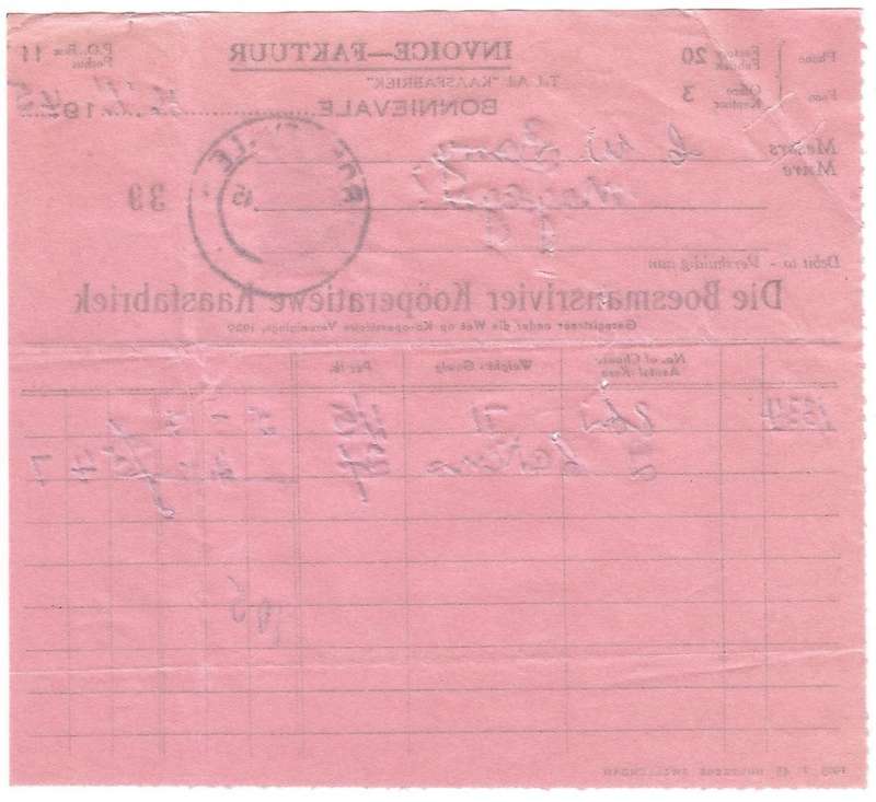 Union of SA-BONNIEVALE- Invoice-1945-Cancel-Postmark