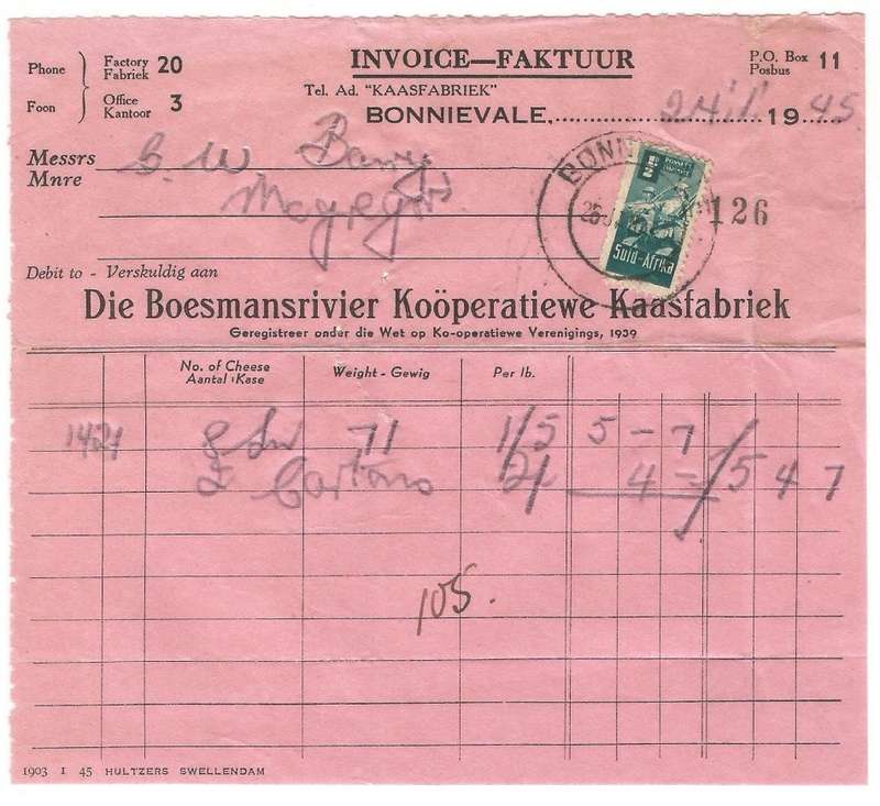 Union of SA-BONNIEVALE- Invoice-1945-Cancel-Postmark