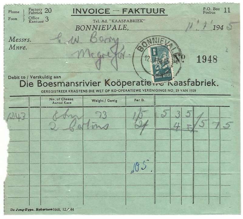 Union of SA-BONNIEVALE- Invoice-1945-Cancel-Postmark