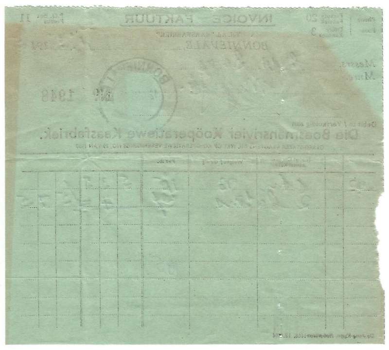 Union of SA-BONNIEVALE- Invoice-1945-Cancel-Postmark