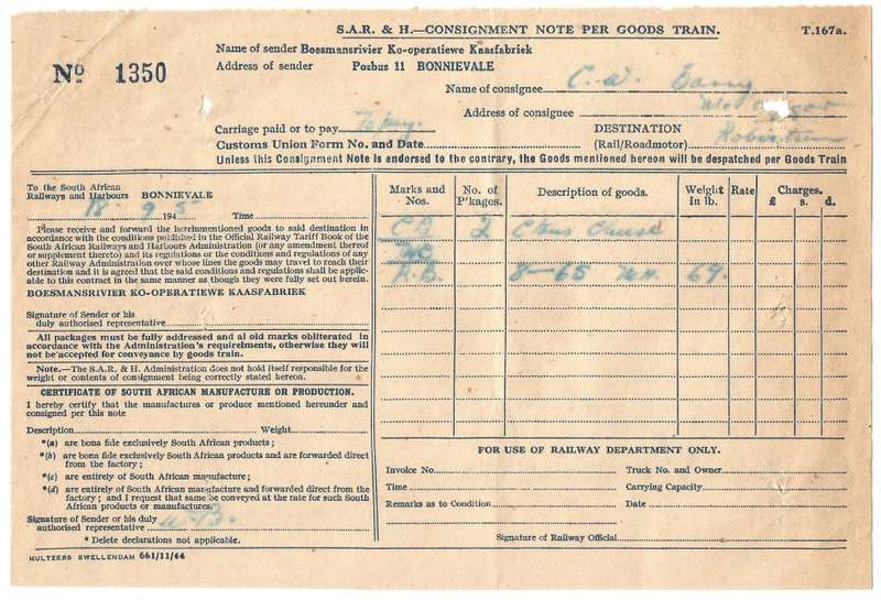 Union of SA-South African Railways and Harbours Consignment Note Per Goods Train-1945-No 1350