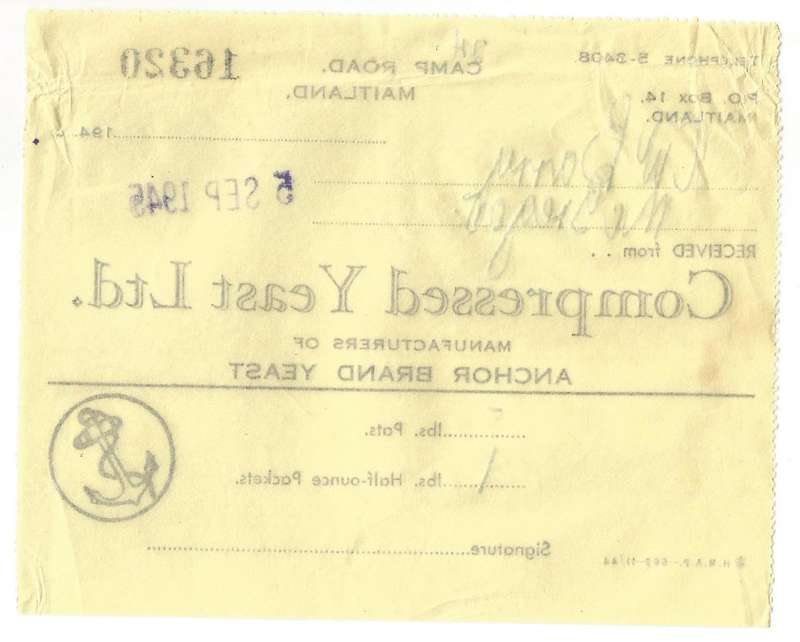 Union of SA-Compressed Yeast LTD-1945-No 16320-Receipt