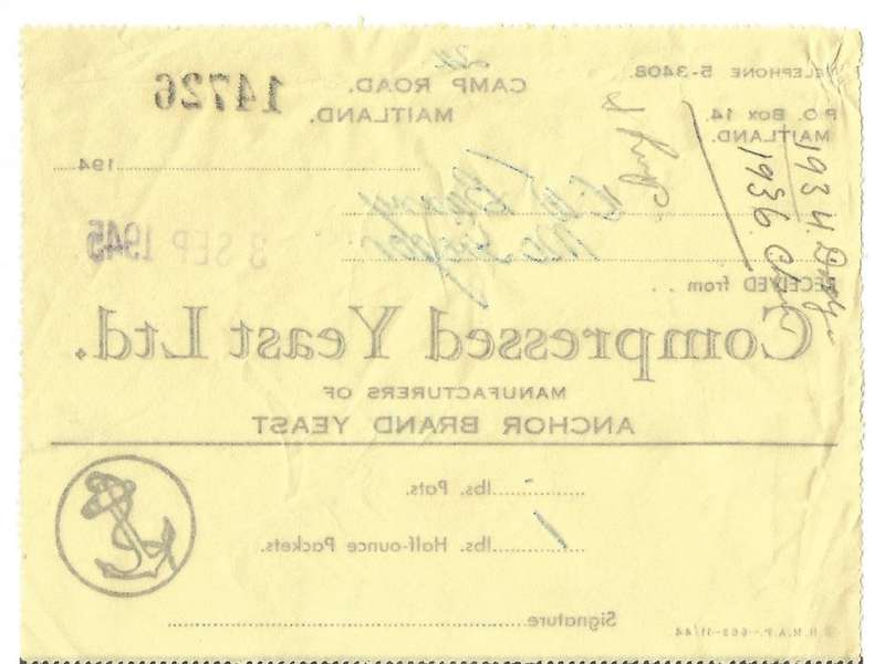 Union of SA-Compressed Yeast LTD-1945-No 14726-Receipt