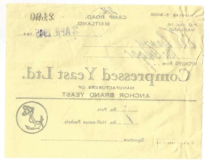 Union of SA-Compressed Yeast LTD-1945-No 2100-Receipt