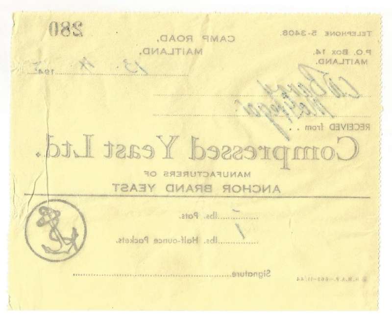Union of SA-Compressed Yeast LTD-No 280-1945-Receipt