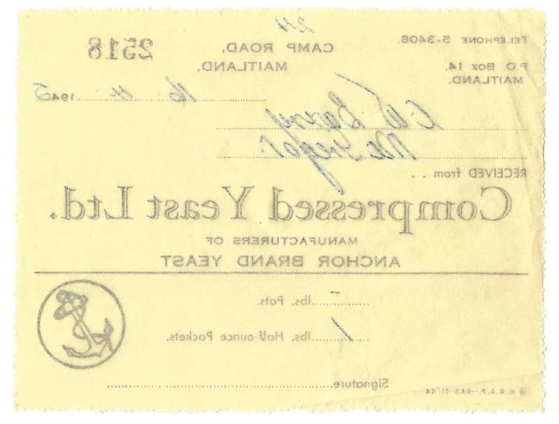 Union of SA-Compressed Yeast LTD-No 2518-1945-Receipt