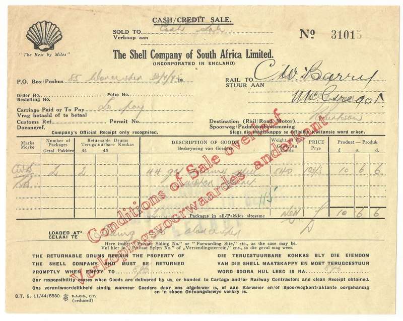 Union of SA-The Shell Company of South Africa Limited- Cash Receipt-1945-No 31015