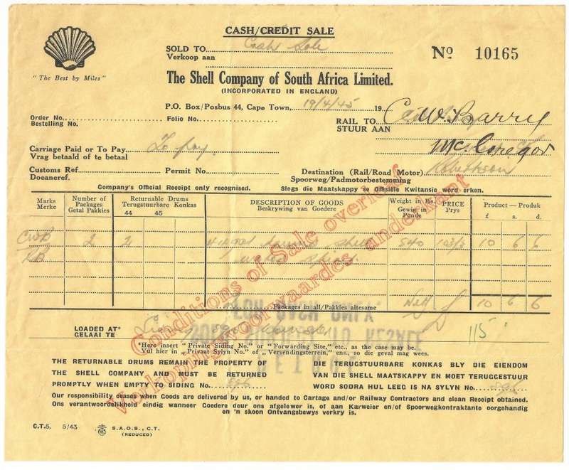 Union of SA-The Shell Company of South Africa Limited- Cash Receipt-1945-No 10165