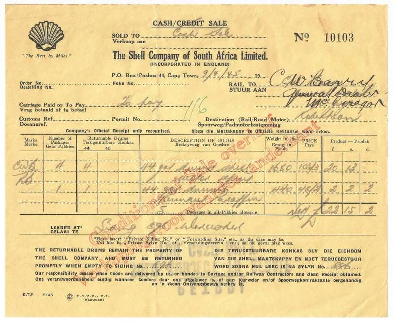 Union of SA-The Shell Company of South Africa Limited- Cash Receipt-1945-No 10103