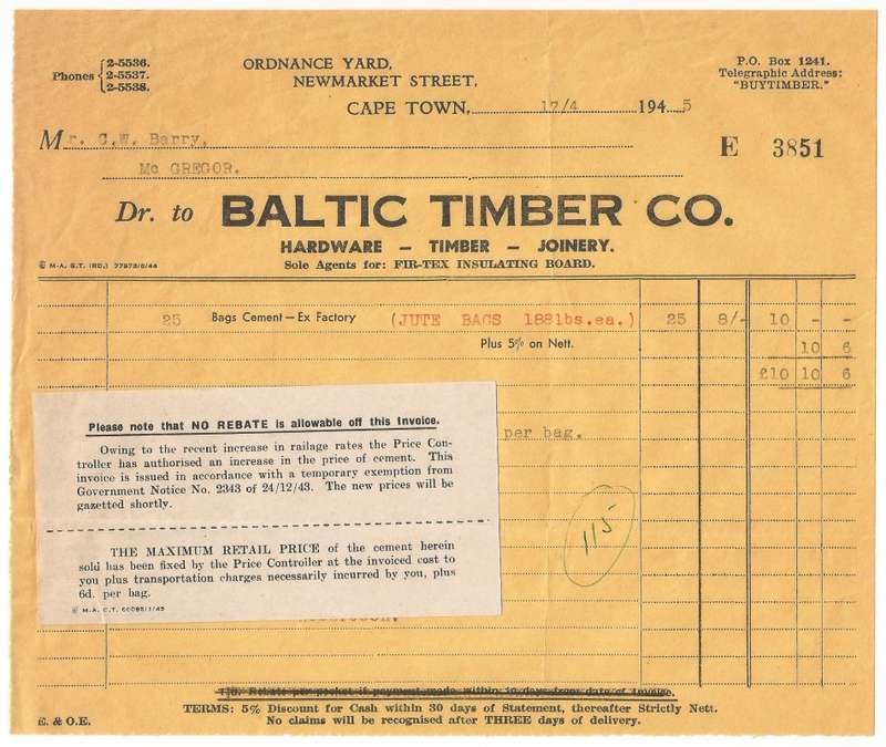 Union of SA-BALTIC TIMBER CO-Hardware-Timber-Joinery-Invoice-No 3851-1945 Fixed price of Cement WW2
