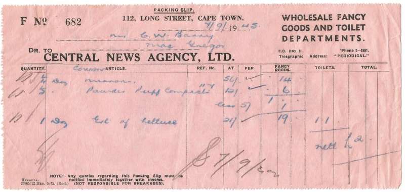 Union of SA-Central News Agency LTD-Packing Slip-1945