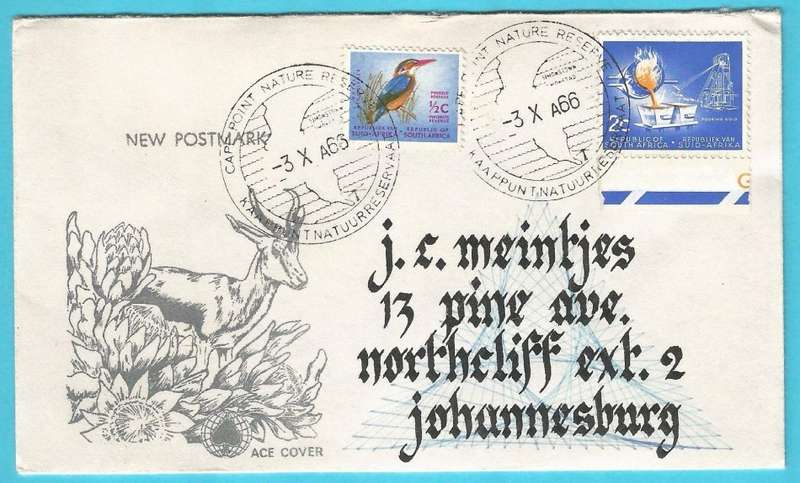 RSA-1966-Cover-FDC-Cancel-Cape Point Nature Reserve-Variety-Drop of Gold-Thematic-Fauna-Bird-Mining