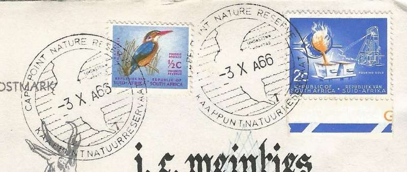 RSA-1966-Cover-FDC-Cancel-Cape Point Nature Reserve-Variety-Drop of Gold-Thematic-Fauna-Bird-Mining