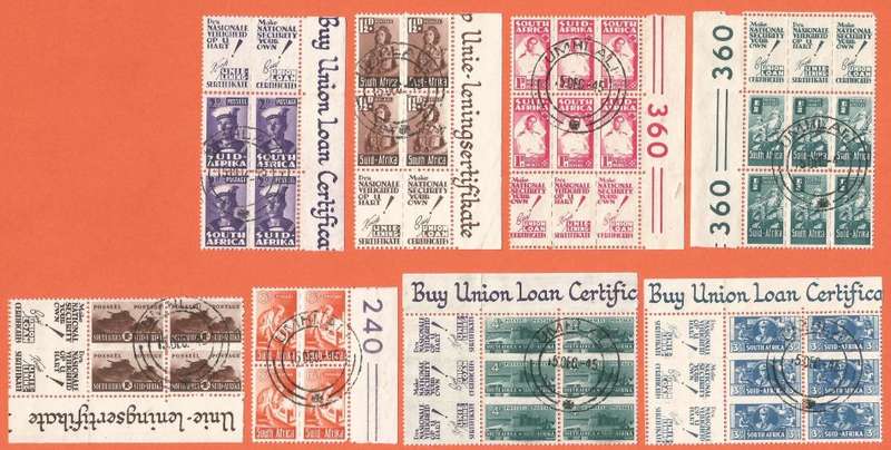 Union of SA-SACC95-102-War Effort Reduced Sizes-Used-Cancel-Thematic-War Corner blocks
