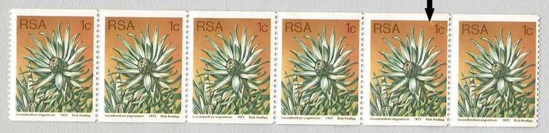 RSA-1977 SACC435a-Coil-1c-Protea-Strip of 6-MNH-Thematic-Flora-Protea-Variety-Yellow Spots